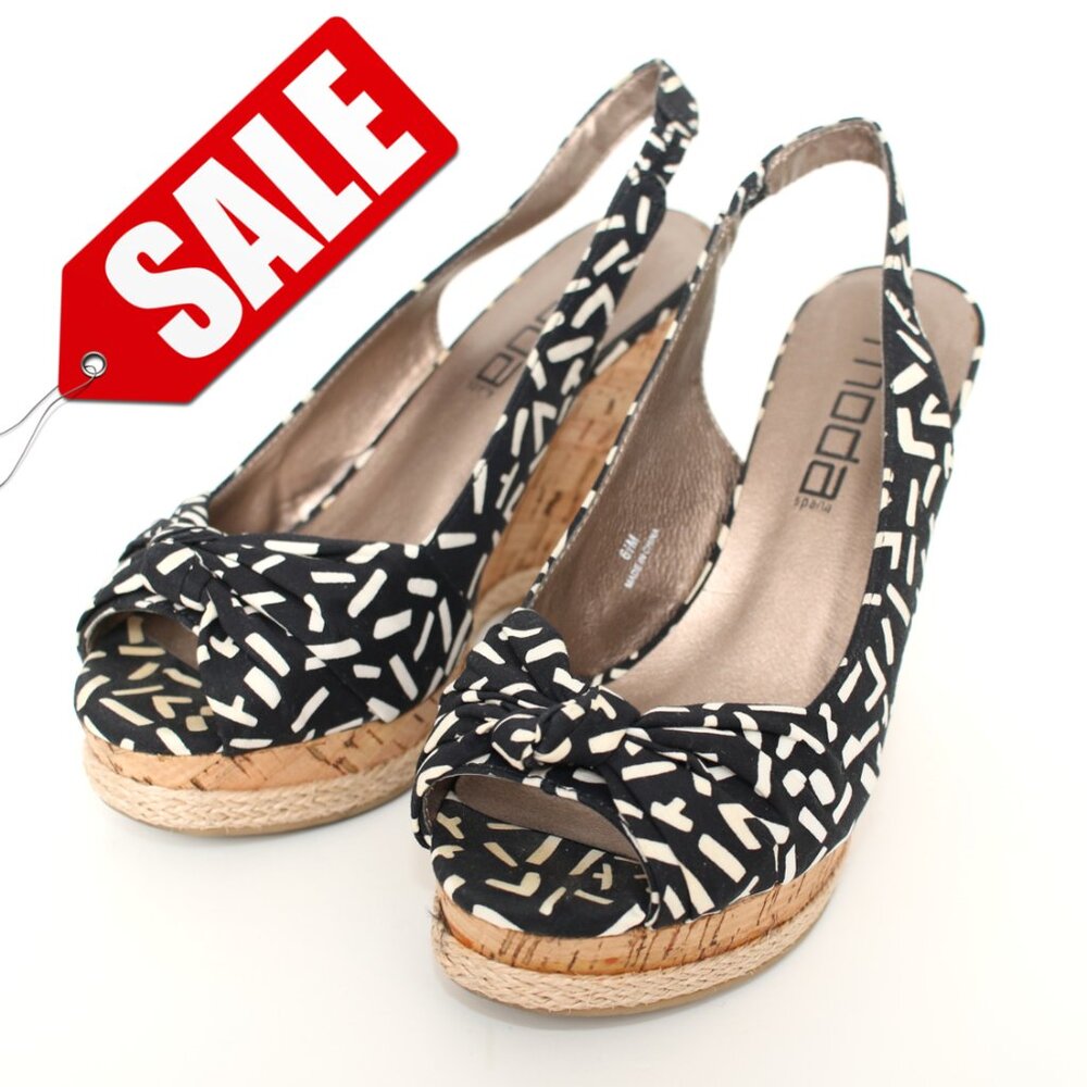 Moda Spana Black & White Printed Cork Wedges Sz 6.5